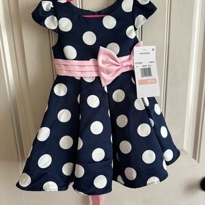 Rare Editions 2T Navy Polka Dot Dress with Pink Bow NWT